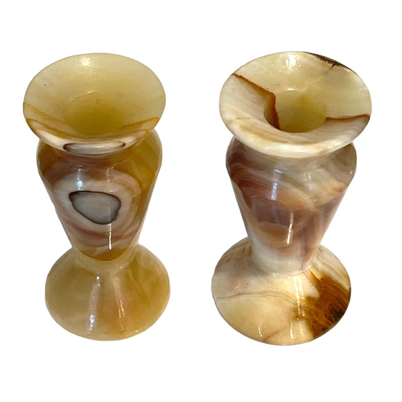 VTG Set (2) MARBLE CANDLE HOLDERS Onyx Stone Cream Brown Taper Candlesticks EXC! - Picture 4 of 5